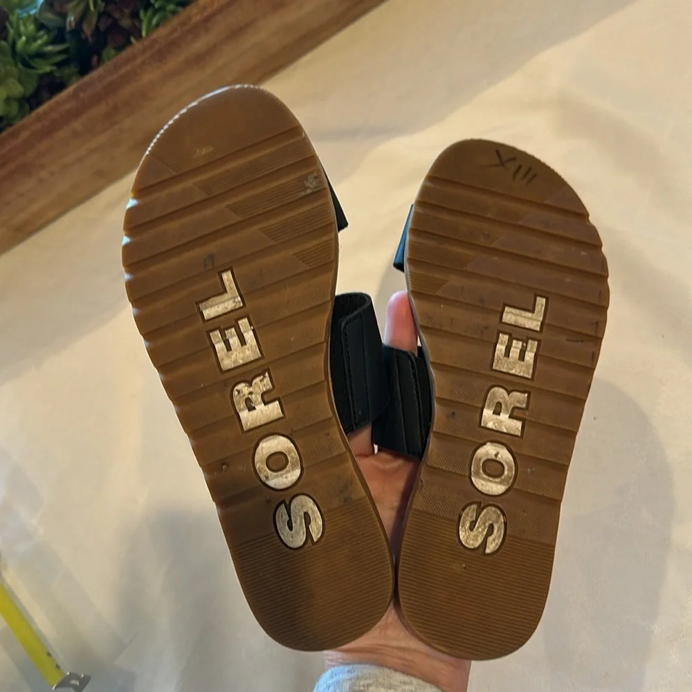 Sorel Women's Ella II‎ Slide Sandals sandal black leather size 6 EUC